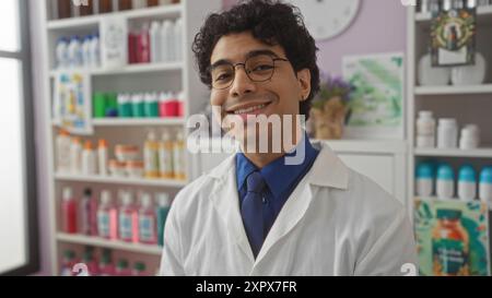 Hübscher junger hispanischer Mann in einer Apotheke, lächelnd und in einem weißen Mantel, umgeben von verschiedenen bunten Produkten in den Regalen unter einer großen Fläche Stockfoto