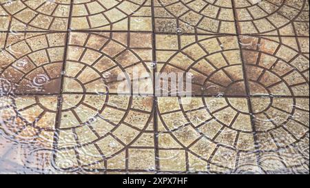 Straßenfliesen nass von Regen. Verschiedene Gesteinsstrukturen. Große Tropfen und Pfützen. Kopierbereich Stockfoto