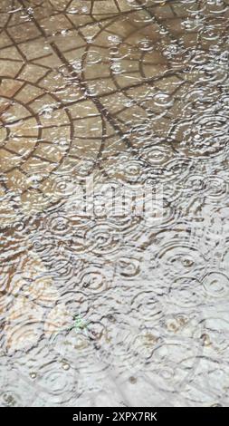 Straßenfliesen nass von Regen. Verschiedene Gesteinsstrukturen. Große Tropfen und Pfützen. Kopierbereich Stockfoto