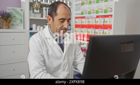 Ein hispanischer Mann mittleren Alters, der einen Labormantel trägt, arbeitet an einem Computer in einer gut organisierten Apotheke, umgeben von Regalen mit verschiedenen medizinischen Sup Stockfoto