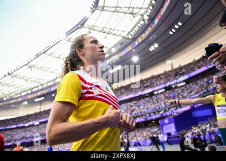 Paris, Frankreich. August 2024. Die belgische Athletin Noor Vidts wurde am Donnerstag, den 08. August 2024, in Paris, beim Hochsprung, dem zweiten Ereignis des Damenheptathlons beim Leichtathletikwettbewerb bei den Olympischen Spielen 2024, dargestellt. Die Spiele der XXXIII. Olympiade finden vom 26. Juli bis 11. August in Paris statt. Die belgische Delegation zählt 165 Athleten, die in 21 Sportarten antreten. BELGA FOTO DIRK WAEM Credit: Belga News Agency/Alamy Live News Stockfoto