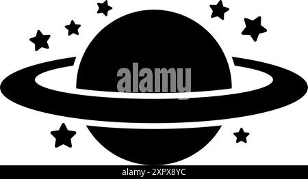 Minimalistisches Schwarz-weiß-Vektor-Symbol des Planeten Saturn mit Sternen. Stock Vektor