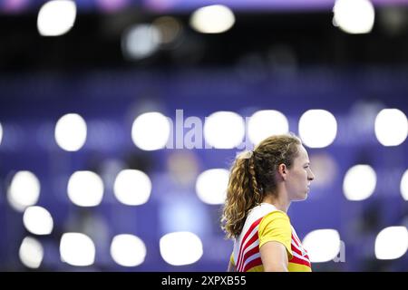Paris, Frankreich. August 2024. Die belgische Athletin Noor Vidts wurde am Donnerstag, den 08. August 2024, in Paris, beim Hochsprung, dem zweiten Ereignis des Damenheptathlons beim Leichtathletikwettbewerb bei den Olympischen Spielen 2024, dargestellt. Die Spiele der XXXIII. Olympiade finden vom 26. Juli bis 11. August in Paris statt. Die belgische Delegation zählt 165 Athleten, die in 21 Sportarten antreten. BELGA FOTO JASPER JACOBS Credit: Belga News Agency/Alamy Live News Stockfoto