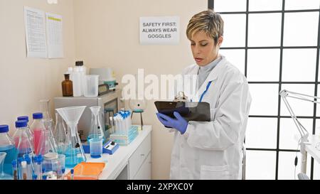 Hispanische Wissenschaftlerin mit kurzen Haaren untersucht Notizen in einem Labor, umgeben von Chemiegeräten. Stockfoto