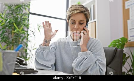 Eine professionelle hispanische Frau mit kurzen blonden Haaren spricht am Telefon in einer modernen Büroumgebung, ihre Geste ausdrucksstark. Stockfoto