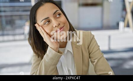 Eine besinnliche junge hispanische Frau in einem beigefarbenen Blazer posiert vor einem verschwommenen Hintergrund. Stockfoto