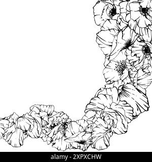 Hand gezeichnete Vektor-Grafik botanische Illustration Blumen Blätter. Roter Mohn Papaver, Stiele Knospen Samenkörner. Rahmen isoliert auf weißem Hintergrund Stock Vektor