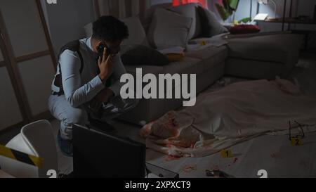 Ein afroamerikanischer Mann kommuniziert am Tatort mit Beweiskennzeichen und einem Blutblatt. Stockfoto