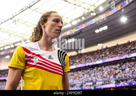 Paris, Frankreich. August 2024. Die belgische Athletin Noor Vidts wurde am Donnerstag, den 08. August 2024, in Paris, beim Hochsprung, dem zweiten Ereignis des Damenheptathlons beim Leichtathletikwettbewerb bei den Olympischen Spielen 2024, dargestellt. Die Spiele der XXXIII. Olympiade finden vom 26. Juli bis 11. August in Paris statt. Die belgische Delegation zählt 165 Athleten, die in 21 Sportarten antreten. BELGA FOTO DIRK WAEM Credit: Belga News Agency/Alamy Live News Stockfoto