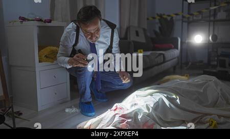 Ein reifer Mann untersucht einen Tatort in einem Innenbereich und untersucht Beweise mit einer Taschenlampe. Stockfoto