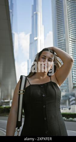 Lächelnde junge Frau posiert mit Wolkenkratzern, darunter burj khalifa im Hintergrund in dubai, vae. Stockfoto