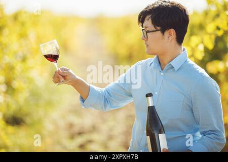 Männlicher asiatischer Sommelier in blauem Casual Shirt, das Rotwein im Glas verkostet und Flasche in der anderen Hand hält, auf verschwommener sonnendurchfluteter Reihe des Herbstweinhofs stehend Stockfoto