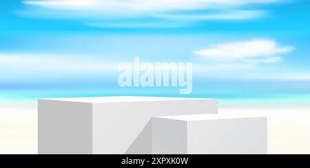 Produktstand auf der Meeresstrandlandschaft. Weißes quadratisches Podium für die Produktpräsentation auf dem Hintergrund des blauen Himmels. Stock Vektor