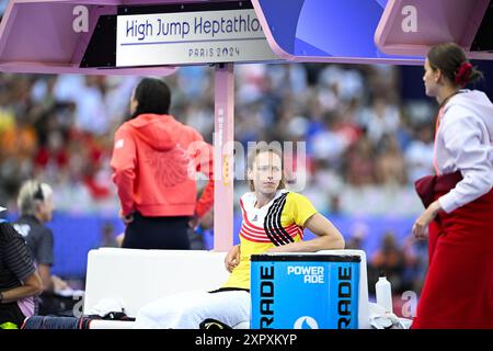 Paris, Frankreich. August 2024. Die belgische Athletin Noor Vidts wurde am Donnerstag, den 08. August 2024, in Paris, beim Hochsprung, dem zweiten Ereignis des Damenheptathlons beim Leichtathletikwettbewerb bei den Olympischen Spielen 2024, dargestellt. Die Spiele der XXXIII. Olympiade finden vom 26. Juli bis 11. August in Paris statt. Die belgische Delegation zählt 165 Athleten, die in 21 Sportarten antreten. BELGA FOTO JASPER JACOBS Credit: Belga News Agency/Alamy Live News Stockfoto