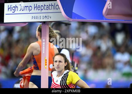 Paris, Frankreich. August 2024. Die belgische Athletin Noor Vidts wurde am Donnerstag, den 08. August 2024, in Paris, beim Hochsprung, dem zweiten Ereignis des Damenheptathlons beim Leichtathletikwettbewerb bei den Olympischen Spielen 2024, dargestellt. Die Spiele der XXXIII. Olympiade finden vom 26. Juli bis 11. August in Paris statt. Die belgische Delegation zählt 165 Athleten, die in 21 Sportarten antreten. BELGA FOTO JASPER JACOBS Credit: Belga News Agency/Alamy Live News Stockfoto