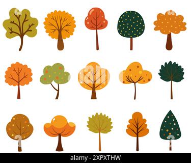 Sammlung einfacher Bäume in verschiedenen Formen und Farben. Vektor-Illustration im Cartoon-Stil. Stock Vektor