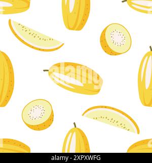 Nahtloses Muster mit handgezeichneter Melone, in Scheiben geschnitten und ganz. Tropischer Sommer-Hintergrund. Stock Vektor