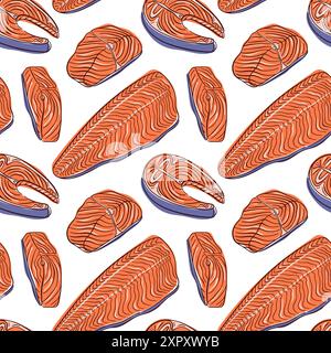 Nahtloses Lachsfilet-Muster in flacher Ausführung. Food Design für Fisch und Meeresfrüchte Restaurant Menü. Vektorillustration auf weißem Hintergrund. Stock Vektor