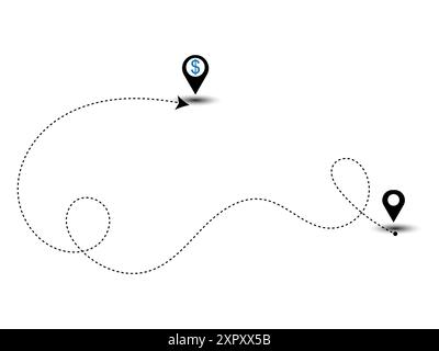 Geolokation mit Dollarwährungssymbolen gestrichelte Linie Pfeil Route Position Pin mit Wickelvektor. Stock Vektor