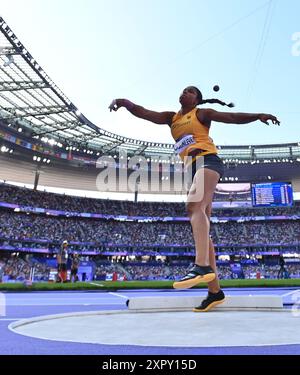 Paris, Frankreich. August 2024. Yemisi Ogunleye aus Deutschland tritt an der Qualifikation der Leichtathletik bei den Olympischen Spielen 2024 in Paris, Frankreich, am 8. August 2024 an. Titel: Song Yanhua/Xinhua/Alamy Live News Stockfoto