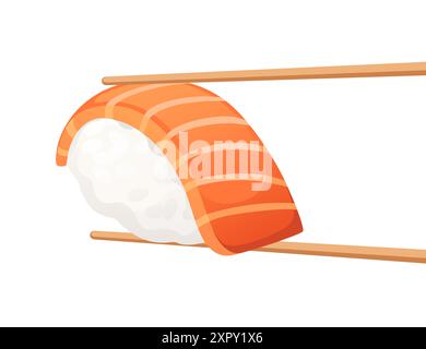 Lachs-Sushi-Stück, gehalten von Stäbchen. Angebote für japanische Küche und Restaurantmenüs. Lieferung asiatischer Essensservice. Vektordarstellung isoliert auf Stock Vektor