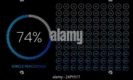 Vektorillustration des Kreisdiagramms von 1 bis 100 mit farbenfroher Dunkelblau bis hell auf schwarzem Hintergrund. Fortschrittsbalken für Gradienten, Laden i Stock Vektor
