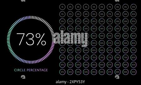 Kreis Prozentdiagramm Vektor Illustration Set von 1 bis 100 mit bunten weichen rosa Neonfarbe auf schwarzem Hintergrund. Fortschrittsbalken für Gradienten, Laden Stock Vektor