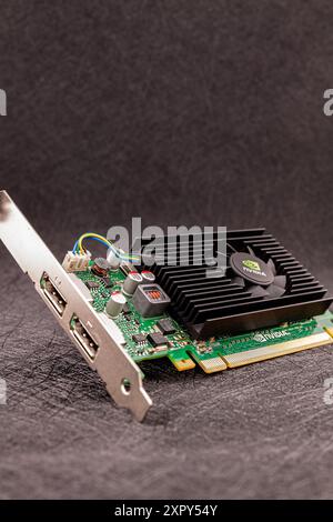 Burgas, Bulgarien - 8. August 2024: Grafikkartenmodell Nvidia NVS 310. Selektiver Fokus mit geringer Schärfentiefe. Stockfoto