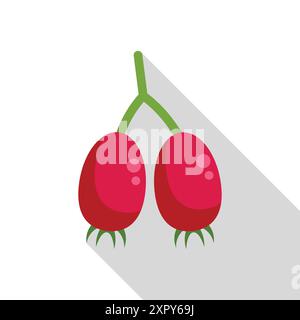 Zwei reife rote Weißdornbeeren hängen an einem Zweig in diesem flachen Design-Symbol Stock Vektor