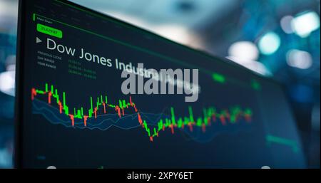 Tallinn, Estland - 4. August 2023 - Screening with Stock Market Candlestick Chart of the Dow Jones Industrial Average Equity Index. Börsensoftware auf einem Monitor. 30 prominente US-Unternehmen. Stockfoto