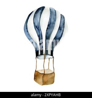 Blau-weiß gestreifter Heißluftballon mit Korb-Aquarell-Clipart. Handgezeichnete Illustration für Geburtstagseinladung, Banner, Webdesign Stockfoto