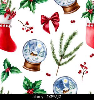 Nahtloses Muster mit weihnachtlichen Kiefernzweigen, Geschenkstrumpf, Schneeballkugel aus Glas auf Holzständer. Botanische Illustration des neuen Jahres Stockfoto