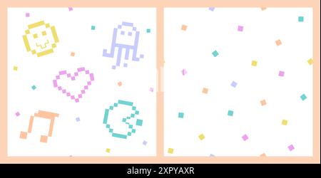 Nahtloses Pixel Y2K-Retro-Muster im Stil der 90er Jahre. Naive verspielte Kunst für das Kinderzimmer. Oktopus, Lächeln, Herz und Musik in lustigen Pastellfarben. 8-Bit-Ästhetik, Vektorillustration. Einfache geometrische Form. Stock Vektor