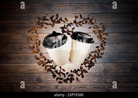 Coffee Love Konzept. Kaffeeposter. Heißer Kaffee in einer Einwegbecher aus Papier. 3D-Rendering. Stockfoto