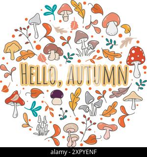Hallo Herbstschrift im Kreis aus Laub und Pilzen. Grußkarte für die Herbstsaison. Waldfallschablone mit Aufschrift für Flyer, Postkarte Stock Vektor