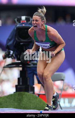 PARIS, FRANKREICH. August 2024. Kate O’Connor vom Team Ireland reagiert auf das Heptathlon-Hochspringen der Frauen am 13. Tag der Olympischen Spiele Paris 2024 im Stade de France, Paris. Quelle: Craig Mercer/Alamy Live News Stockfoto