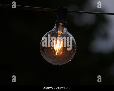 Glühbirne mit sichtbarer LED in einer bunten Lichterkette im Garten bei Nacht. Perfekt für Energie, Freizeit, Sinnlichkeit oder als Hintergrund Stockfoto