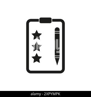 Symbol „Prüfen und bewerten“. Schwarzes Klemmbrett mit Sternen und Bleistift. Symbol für Bewertung und Feedback. Vektorabbildung. Stock Vektor