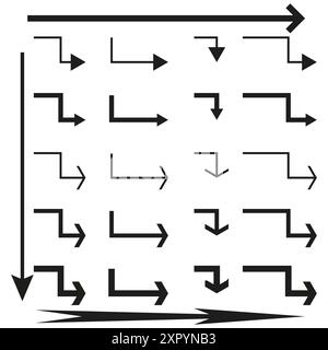 Vektorpfeil gesetzt. Verschiedene schwarze Richtungspfeile. Drehungen, Kurven und gerade Konstruktionen. Navigationssymbole. Stock Vektor