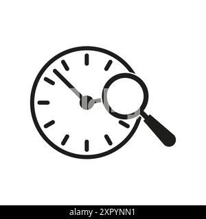 Symbol Zeitverwaltung. Uhr und Lupe. Schwarz-weiß. Vektorabbildung. Stock Vektor