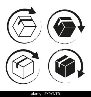 Symbole für die Paketrückgabe. Kreisförmige Pfeilsymbole. Schwarz-weiß-Design. Vektorabbildung. Stock Vektor