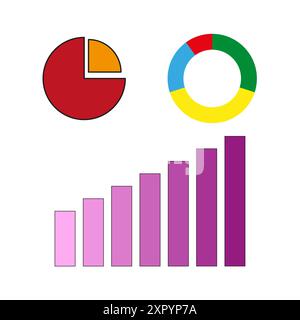 Bunte Karten- und Diagrammsammlung. Set aus Torten-, Donut- und Balkendiagrammen in leuchtenden Farben. Vektorabbildung. Stock Vektor