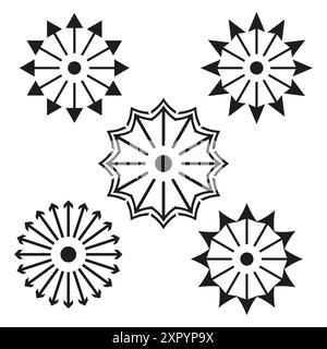 Geometrisches Mandala-Set. Radiale Symmetrie. Abstrakte Vektorformen. Schwarz-weiß. Stock Vektor