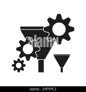 Trichter und Zahnräder. Symbol für Prozessvektor. Schwarz-weiß. Industriekonzept. Stock Vektor