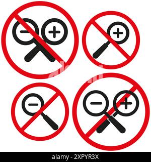 Keine Zoom-Symbole. Lupensymbole. Rote Verbotskreise. Vektorabbildung. Stock Vektor