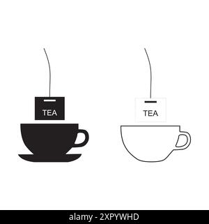 Teebeutel hängen auf weißen und schwarzen Tassen auf weißem Hintergrund Stock Vektor