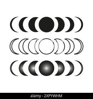 Mondphasen eingestellt. Symbole für den Mondzyklus. Schwarz-weiß-Vektor. Himmlische Symbole. Stock Vektor