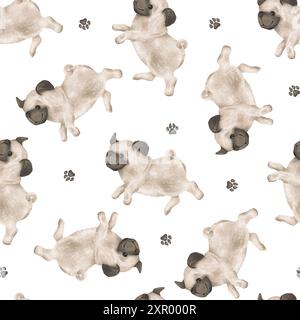 Nahtloses Muster von Tierhunden und Pfoten für Kinder. Handgezeichnete Illustration eines Mops, der auf isoliertem Hintergrund läuft oder springt. Minimalistisch Skandinavisch Stockfoto