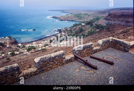 Kap Verde, Santiago Island, Cidade Velha. Kanoniker in Forte Real Sao Felipe, einem Sklavenhandelsfort, das die ehemalige Hauptstadt dominiert. Stockfoto