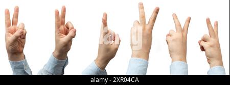Hand mit Siegesgesgeste andere Ansicht isoliert auf weißem Studiohintergrund Stockfoto